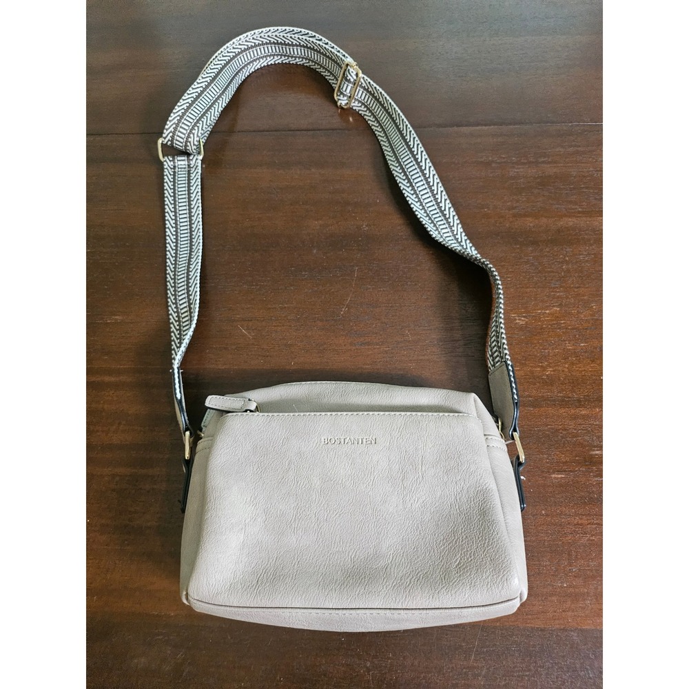 Bostanten Crossbody Bag Women Small Taupe Grey Leather Triple Zip Guitar Strap